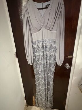 NWT Elegant Silver Long-Sleeve Beaded Evening Dress. Size Large.